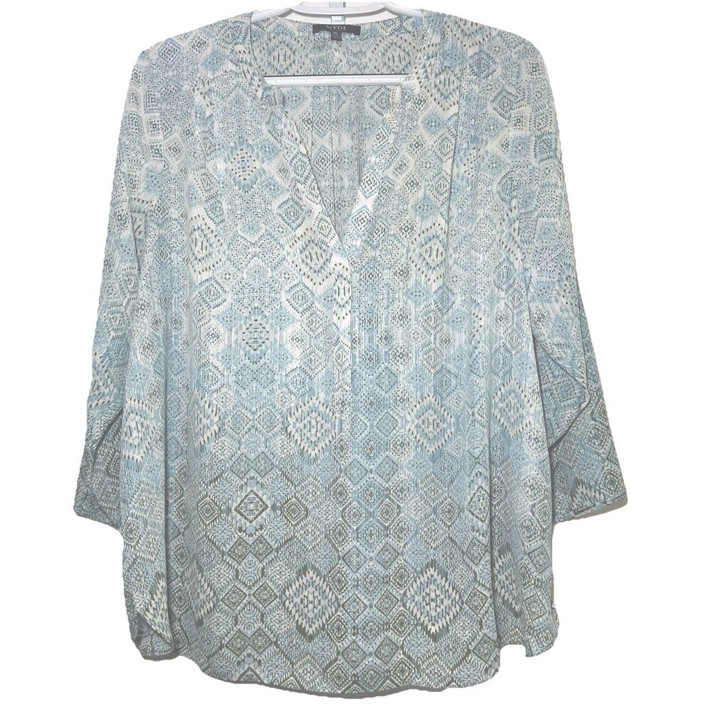 NYDJ Women’s Size Large Petite Geometric Print Blouse Blue Gray Split Neck